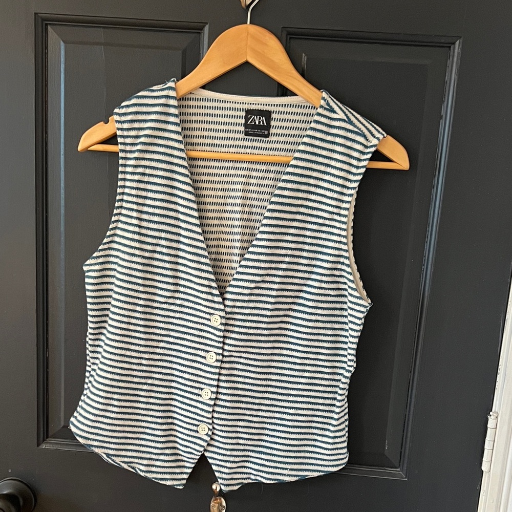 Zara Navy and White Striped Sleeveless Blouse